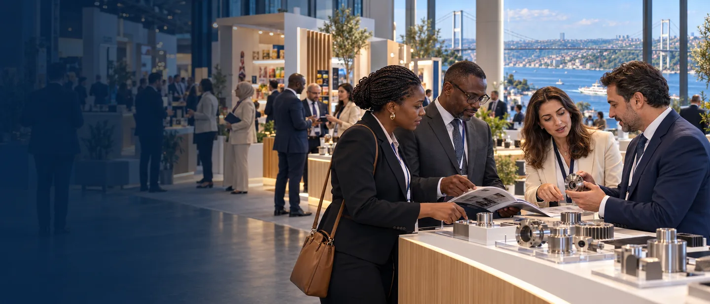 Four businesspeople talking at a product counter in an exhibition hall: African and Turkish participants examining samples and a brochure, with stands and the Bosphorus behind them. Illustrative image.